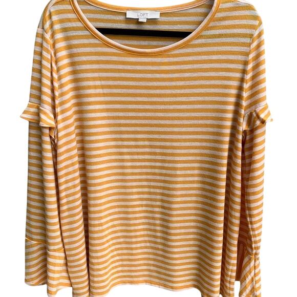 Loft Top Women's Size X-Large Gold White Ruffle Bell Sleeve Striped Vacation - Picture 1 of 6